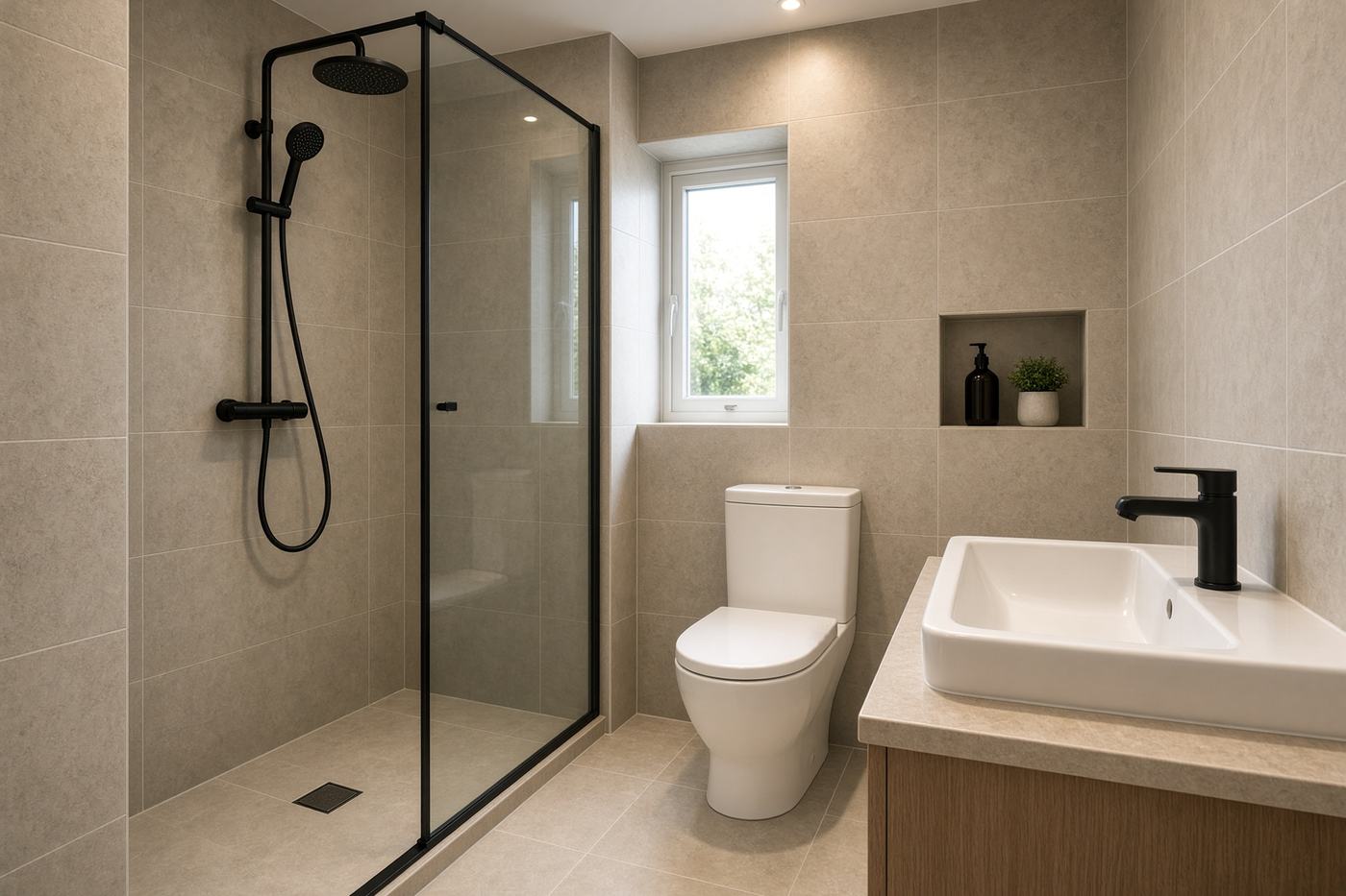 A newly fitted bathroom with large stone-look tiles and a walk-in shower