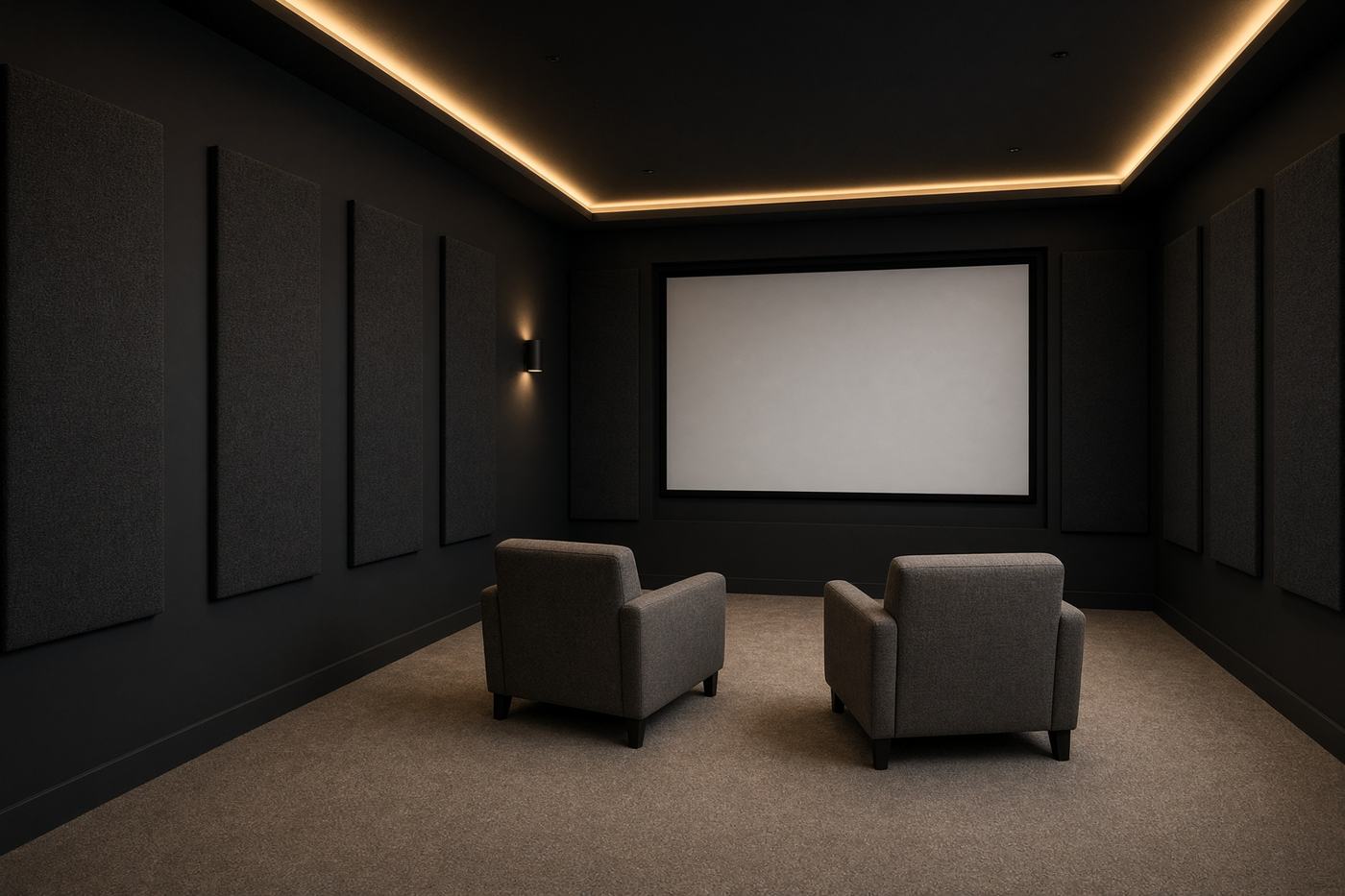 A small home cinema with dark walls, acoustic panels and a projector screen