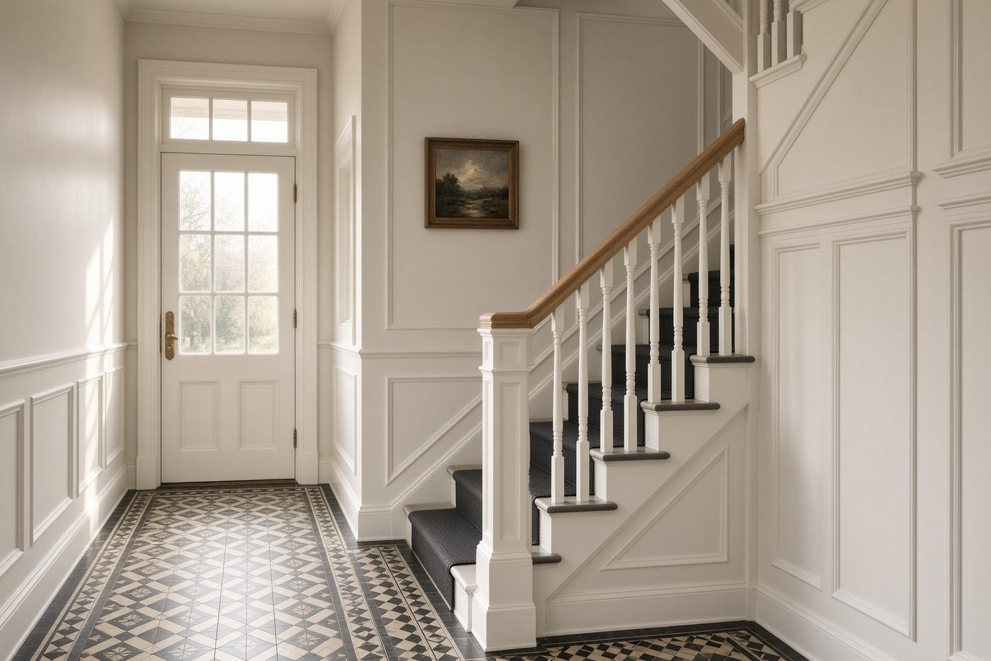 A freshly painted hallway in a British house, with panelled walls, a staircase and a geometric tiled floor