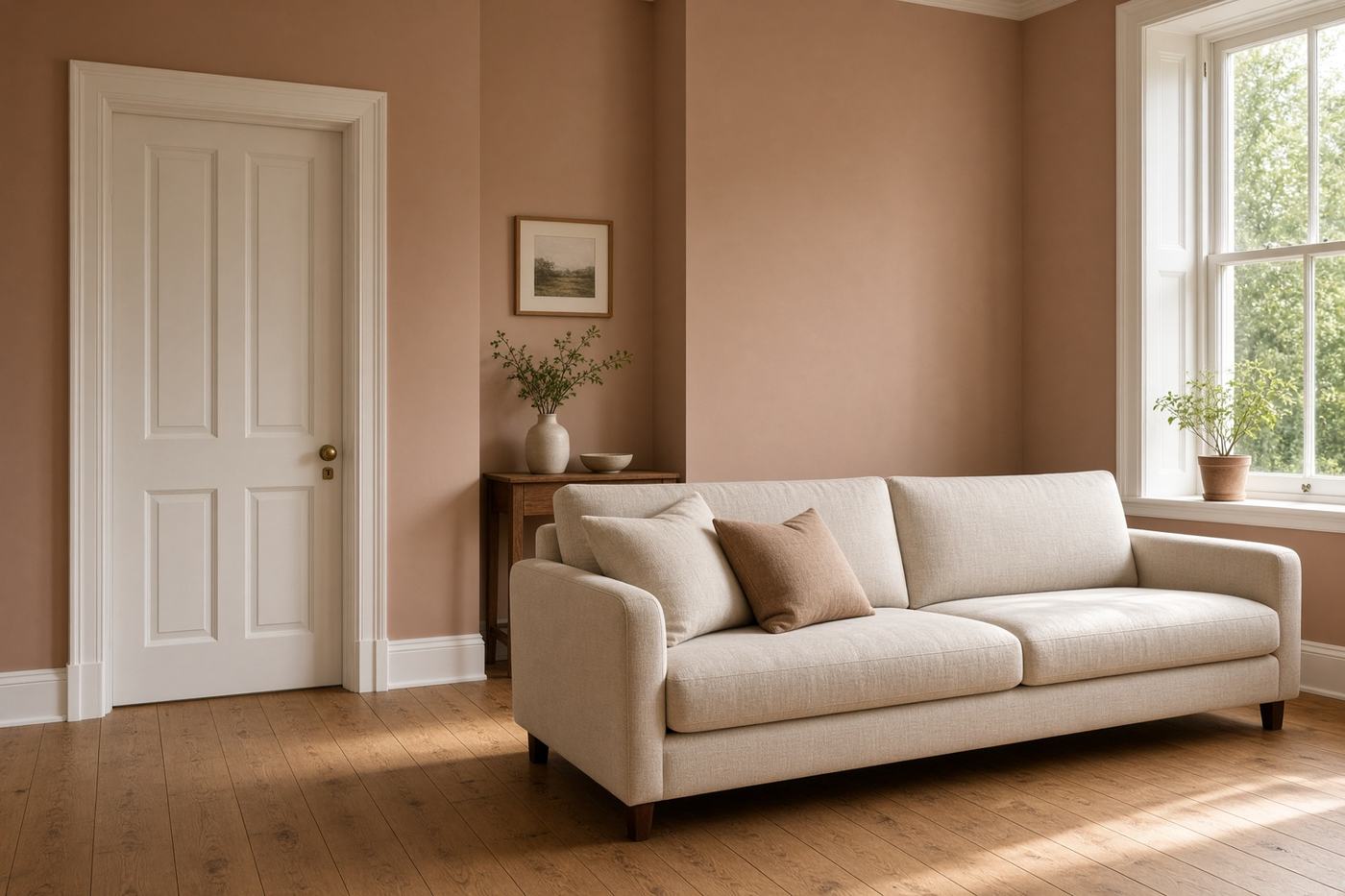 A sitting room after decoration, with clay-coloured walls and white painted joinery