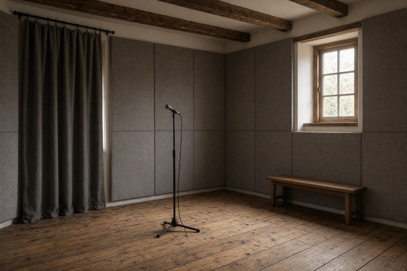 A music room lined with acoustic panels and a curtained vocal corner